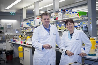 Professor Alan Cowman and Dr Neta Regev-Rudzki standing in a laboratory
