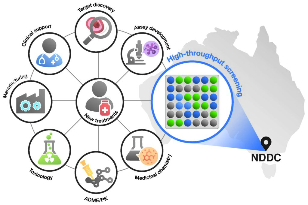 Diagram illustrating the NDDC fitting in a wider network of drug discovery